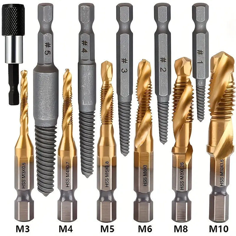 12-piece high-speed steel titanium-coated drill bit and tap set | Metric sizes M3–M10