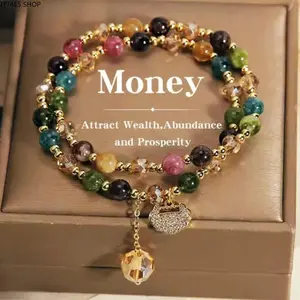 2026 Double Layer Rainbow Tourmaline Round Bead Bracelet, Natural Seven Color Stone Boho Bracelet with Longevity Lock Charm, Bohemian Jewelry for Daily Yoga Wear & Holiday Gifting