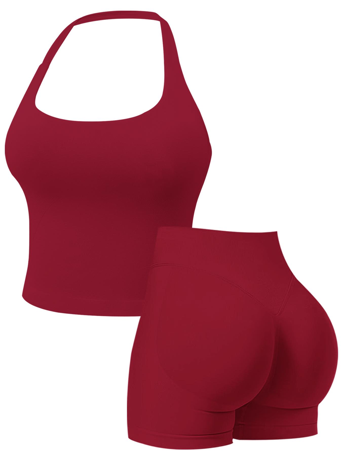 Two-Piece Set Women's Solid Color Halter Top & High Waist Shorts Sports Set, Sporty Comfy Breathable Quick Drying Outfits for Yoga Gym Workout Running, Ladies Sportswear for Summer