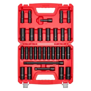 1/2 in Drive Impact Socket Set, 29 Piece, 6 Point Deep Impact Sockets, SAE (3/8 to 1 inch) and Metric (10 to 24 mm) Sizes with Extension Bars (3, 5, 10 in), Cr-V Steel, Heavy Duty Carrying Case