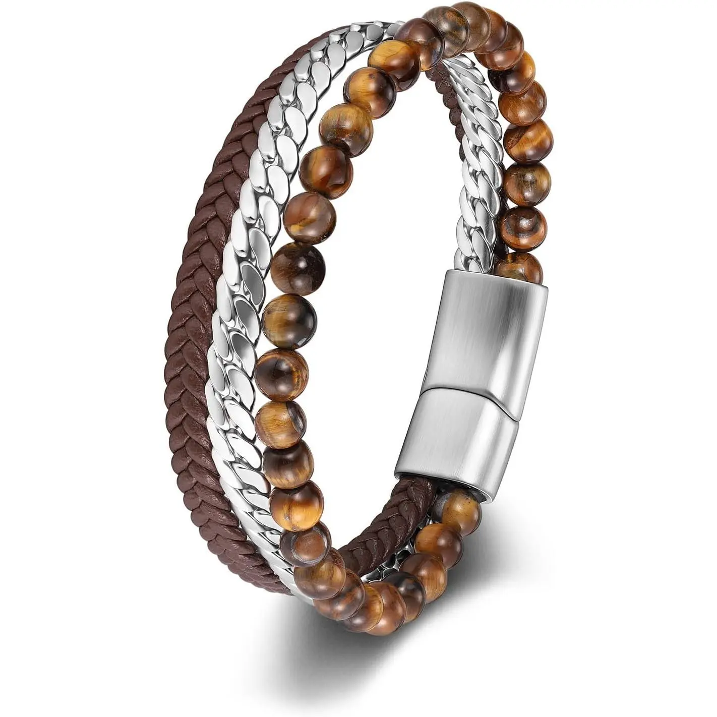 Mens Bracelet Beaded Leather Bracelets for Men 6mm Obsidian Tiger Eye Stone Cuban Chain  Layered Bracelets Braided Leather Wristband Stainless Steel Clasp Mens
