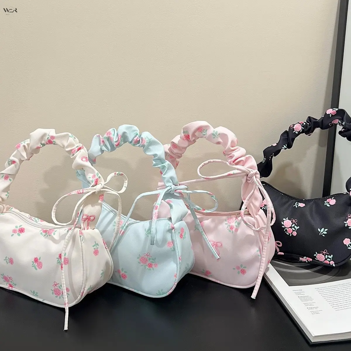 Coquette Floral Rose Print Mini Hobo Shoulder Bag for Teen Girls, Y2K Ruched Bow Strap Underarm Handbag, Sweet Cottagecore Small Crescent Purse, Lightweight Polyester Daily Dating Shoulder Bag, 4 Colors Black Cream White Light Blue Pink Available, Cute Gi