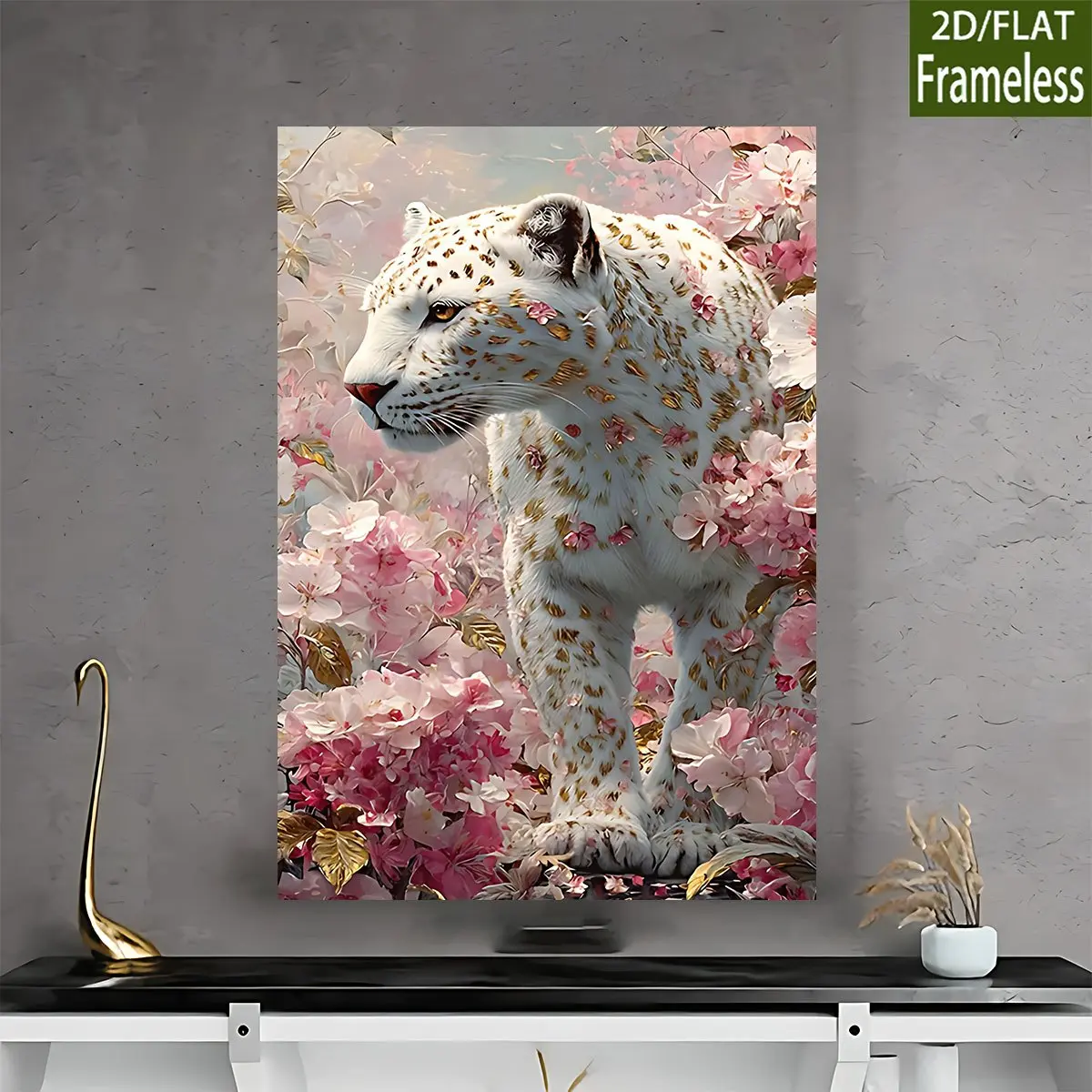 Canvas painting 2D flat frameless piece 20x30cm 30x40cm 40x60cm 50x70cm 60x80cm 60x90cm 80x120cm, white leopard stepping on flowers decorative painting, pink cherry blossom with gold spots art poster suitable for home bedrooms, kitchens, living rooms, bat