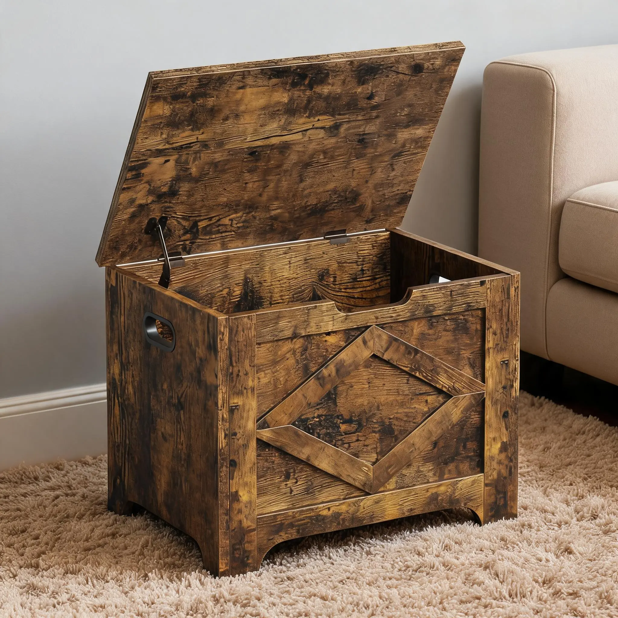 23.6-Inch MDF Storage Bench with Decorative Pattern, Special-Shaped Legs, Vintage Brown, Frosted White, and Washed Grey