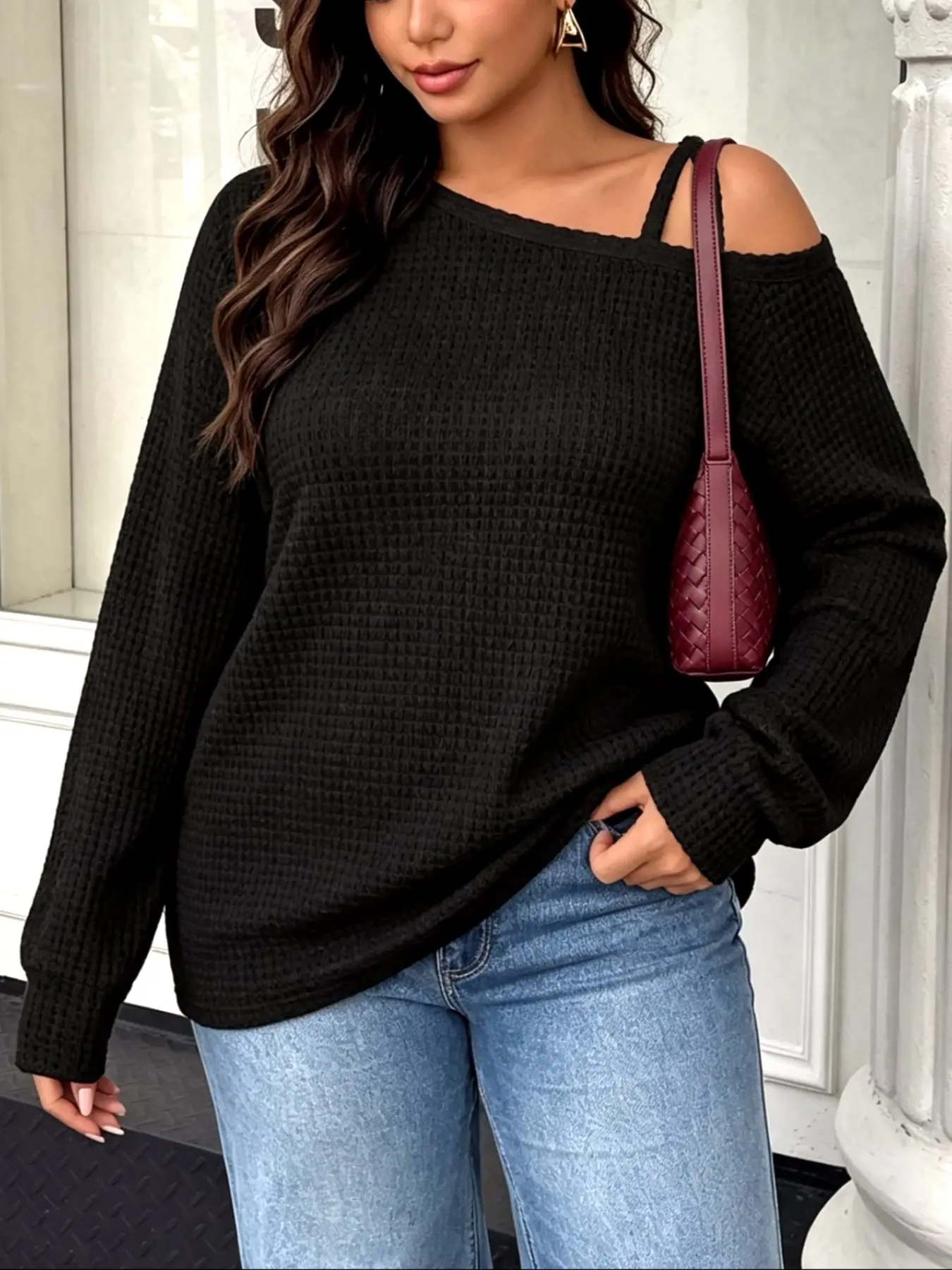 New Arrival Plus Size Women's Waffle Knit Top, Fashion Ladies Blouse, Casual One-Shoulder Strap Long Sleeve T-Shirt, Loose Solid Color Off Shoulder Shirt for Daily & Street Outfits