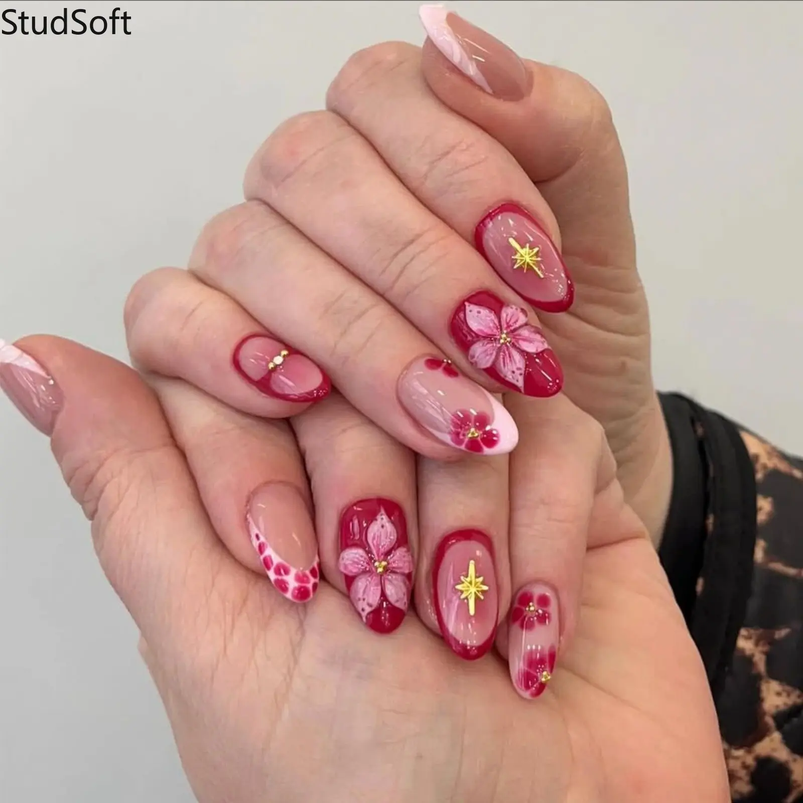 24pc Y2K Floral Press on Nails Pack French Almond Fake Nails 3D Embossed Flower Star Long False Nails Bulk Multi-Size Christmas Party Jewelry