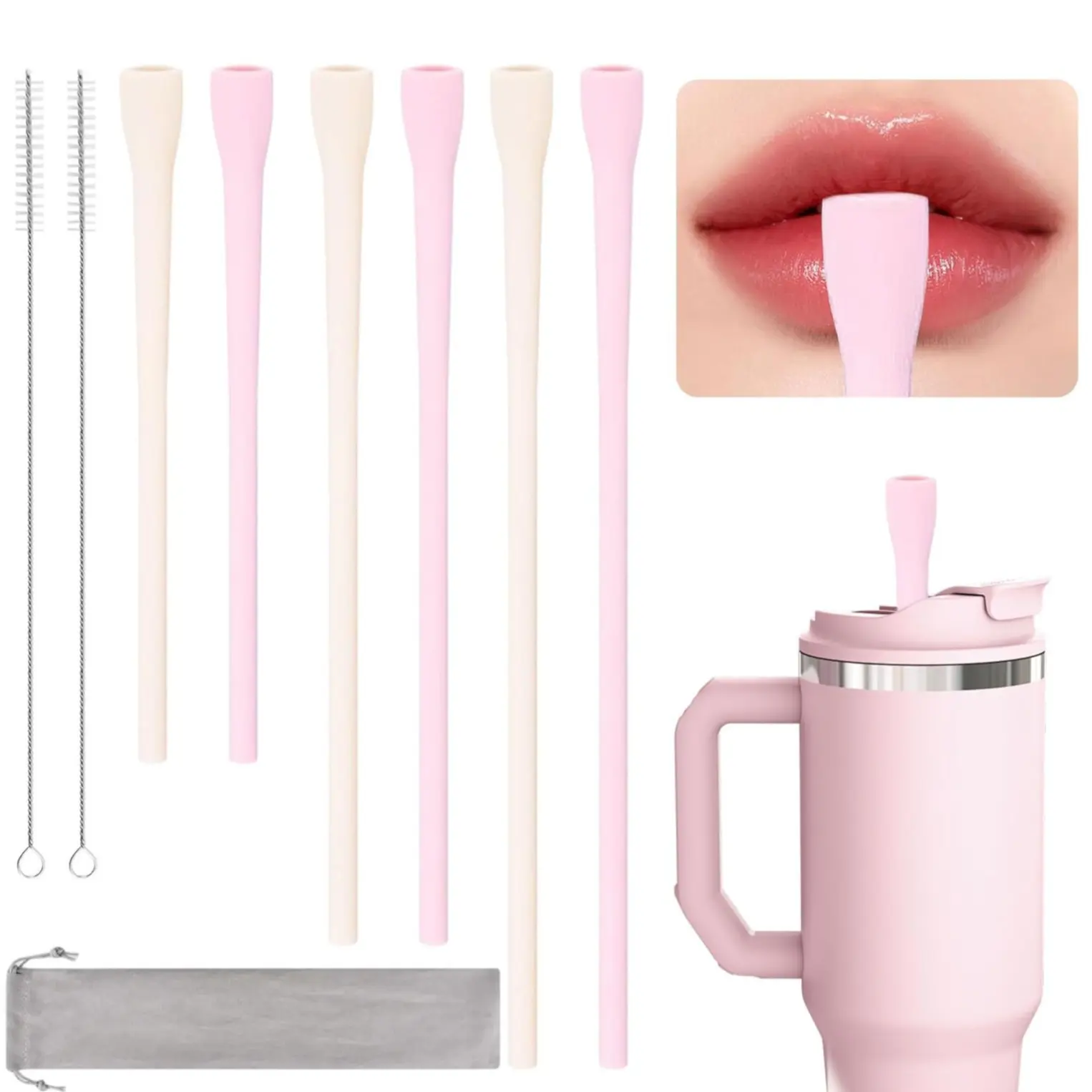 6-Pack of Wrinkle-Resistant Straws, Reusable Wrinkle-Resistant Straws, Flat, Wide-Mouth Flexible Straws, with Cleaning Brush, Silicone Straws, Suitable for Stanley Cups and Glassware Accessories, Tableware Accessories.