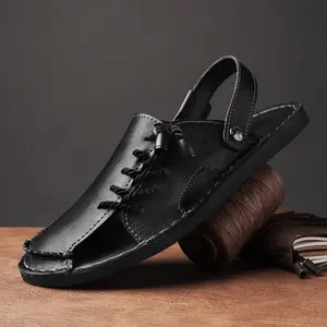 Men's Summer Leather 2 in 1 Sandals, Hand-Stitched Retro Roman Slipper Beach Shoes for Men, Big Size Wide Feet Comfortable Casual Footwear