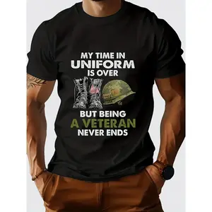 Military Veteran Short-Sleeve Round Neck Cotton Blend T-Shirt - "My Time in Uniform is Over But Being a Hero Never Ends", Army Navy Air Force Marine Corps Insignia, Black with White Print, Streetwear Casual Top for Veterans, Family Gifts