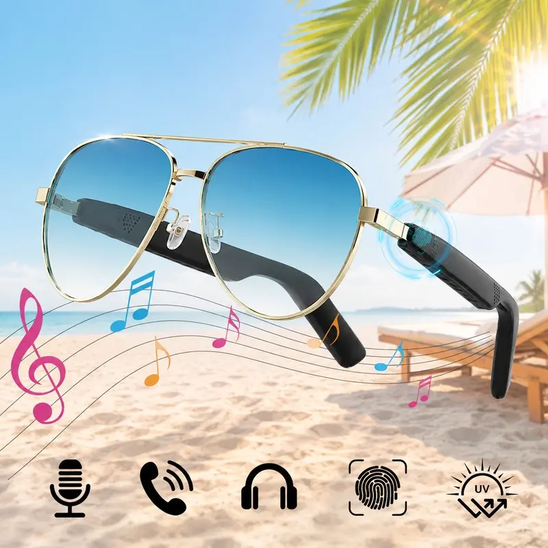 Smart Bluetooth Sunglasses with Open-Ear Speakers, Aviator Audio Glasses featuring Polarized Gradient Lenses, Hands-Free Calling, Music Playback, Touch Control and Type-C Charging for Work, Driving and Travel