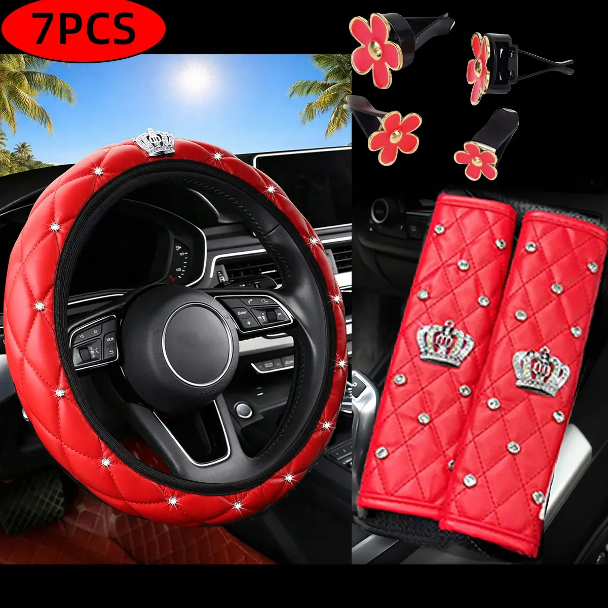 7-Piece PU Leather Crown Shiny Automotive Decorative Accessories Set, Steering Wheel Cover, Handbrake Cover, Daisy Air Vents Clip, Women's Car Interior Decor, Car Decorations Interior