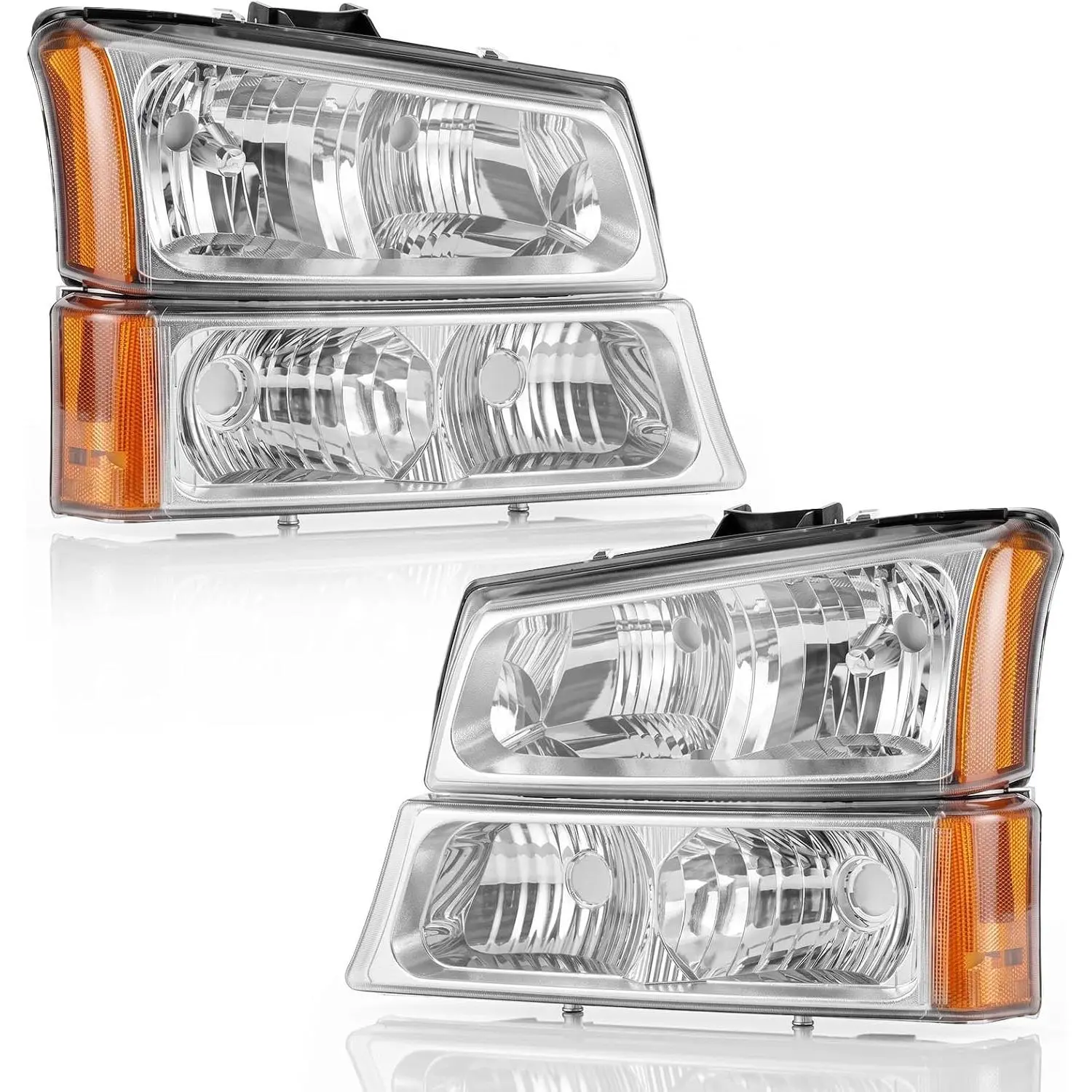 TRIBLE SIX 2003‑2007 Chevy Avalanche & Silverado Pickup, Headlights Replacement, Headlights Assembly Headlamp, Chrome Housing, Amber Reflector, Driver & Passenger Side, W/O bulbs Halogen