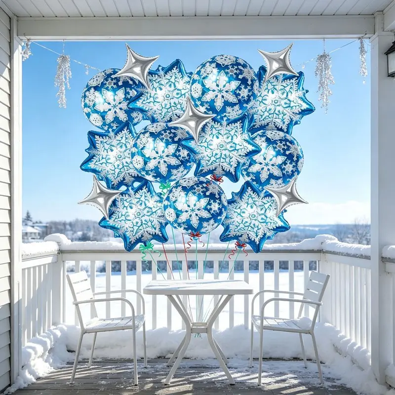 18‑Piece Ice & Snow Snowflake Foil Balloon Set，including four‑point star balloons, snow‑shape balloons and round balloons，Perfect for Christmas, winter parties, New‑Year winter‑themed decor,winter baby showers,outdoor winter decorations，school event setup