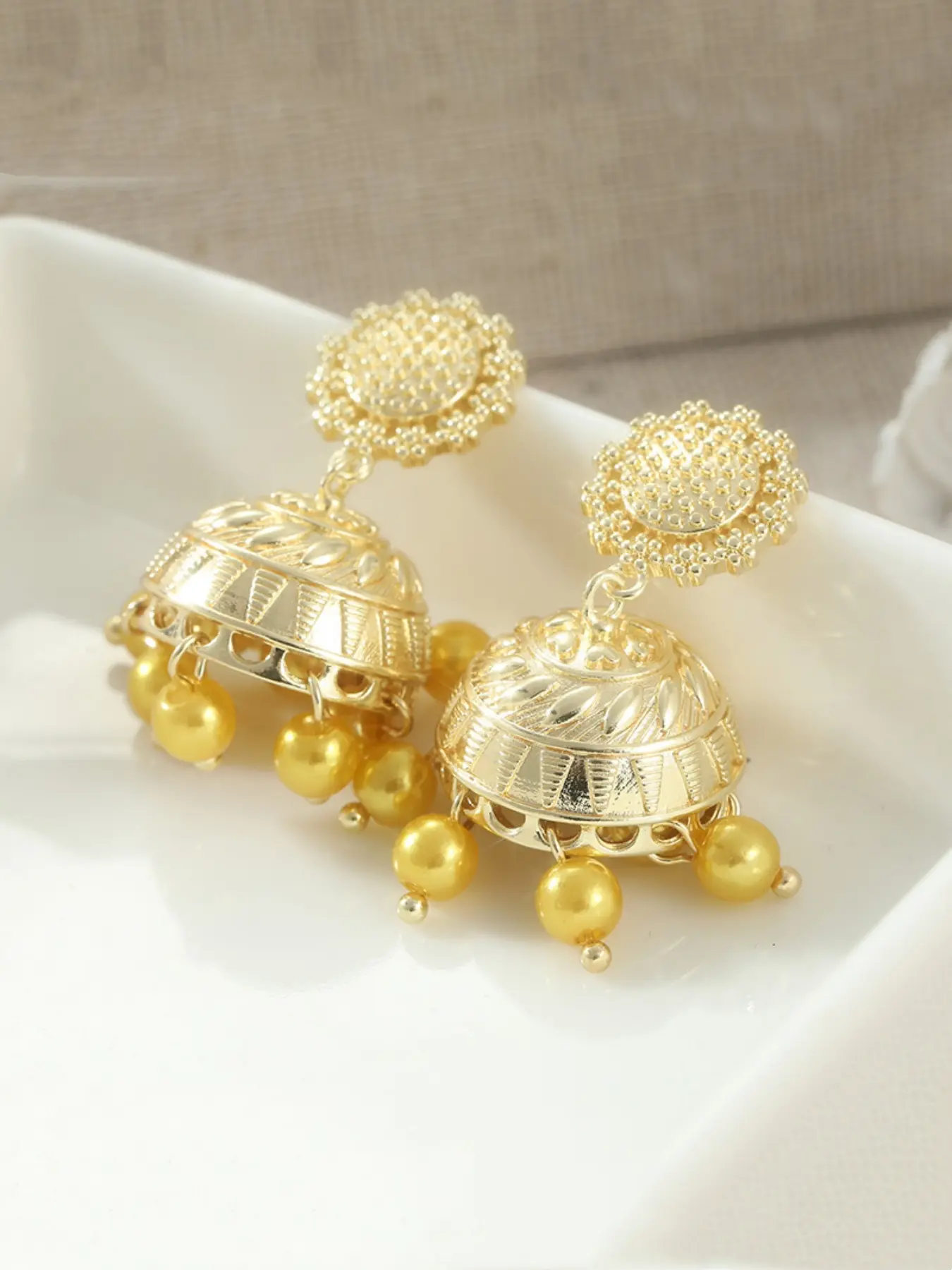 Women's Vintage Ethnic Gypsy Golden Color Indian Earrings Boho Jewelry Retro Bell Tassel Carved Ladies Jhumka Earrings
