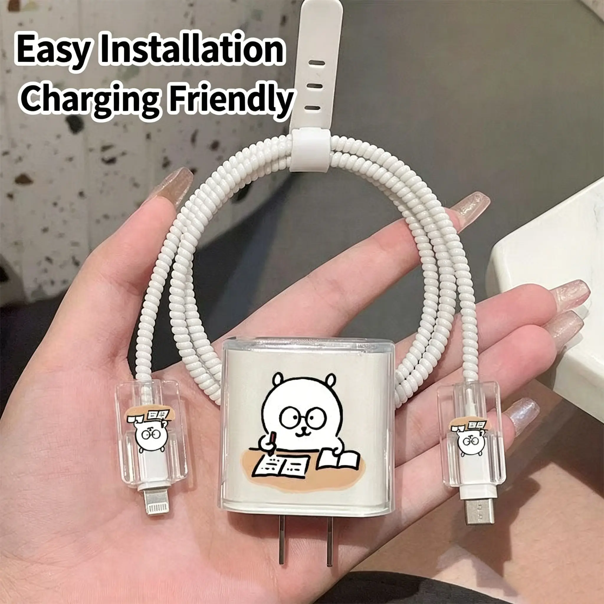 Cute Studying Bear Charger Protector Full Set, for iPhone 18/20w USB-C Adapter, Anti-Break Cable Wrap Kit, Minimalist Line Cartoon Bear