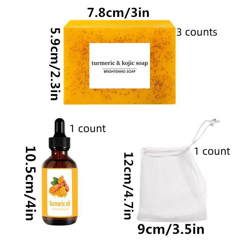 Turmeric Facial & Body Care Set, 3 Counts Turmeric Soap Bar & 1 Count Turmeric Essential Oil & 1 Count Soap Bag, Moisturizing Hyaluronic Skin Care Set for Women & Men