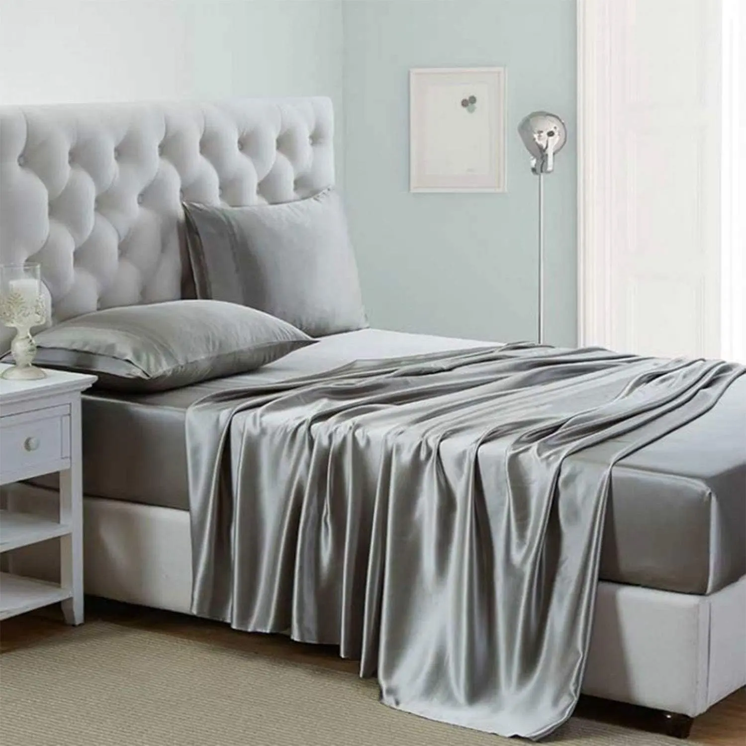 Silk Sheets, Queen Size Bed Sheet Set with Deep Pockets, Cooling Soft and Hypoallergenic Sheets Queen - Light Gray