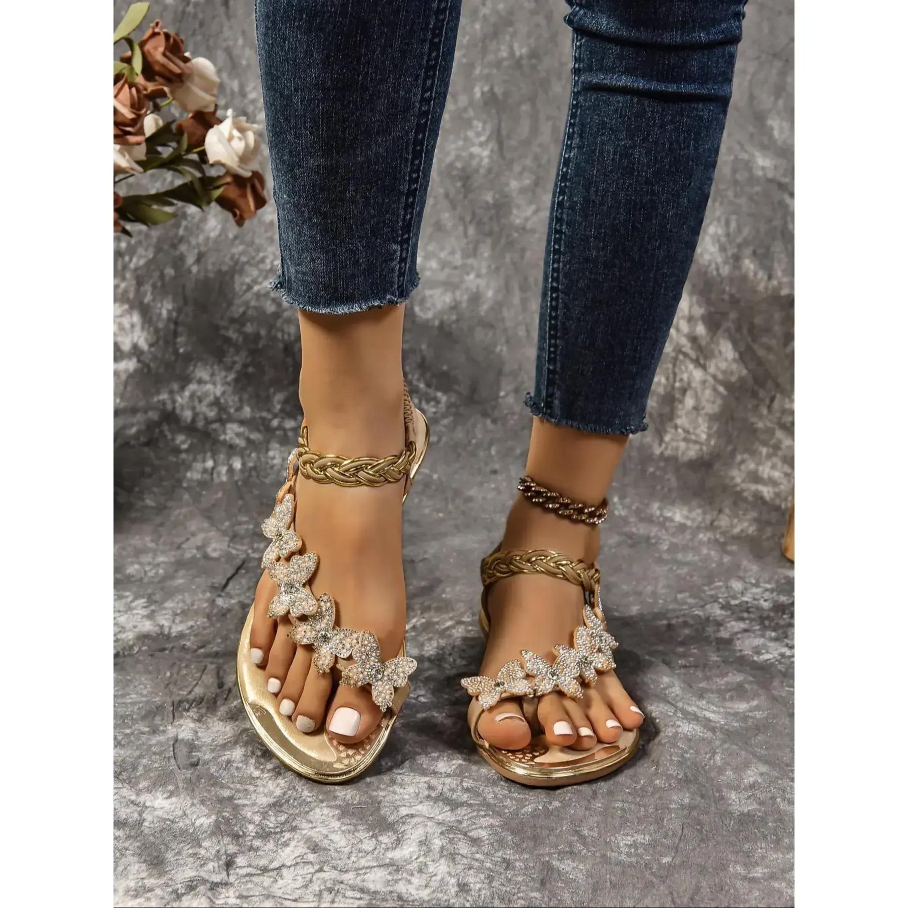 2026 New Summer Style Rhinestone Butterfly Transparent Flat Sandals, Fairy Style One-Strap Roman Slide Sandals    777