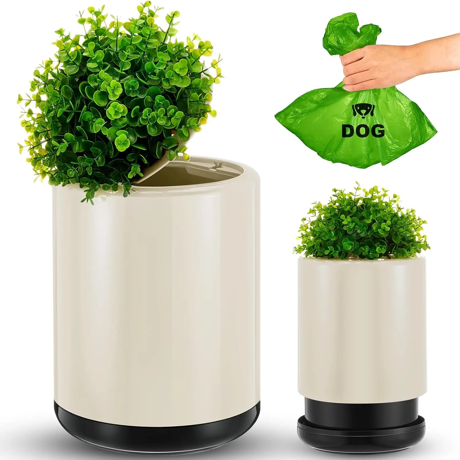 Dog Poop Trash Can Outside 13 L/ 3.4 Gal Dog Waste Trash Can with Lid, Plant-Styled, Double-Layer Design, Outdoor Garbage Container for Front Porch Backyard Office Patio(White)