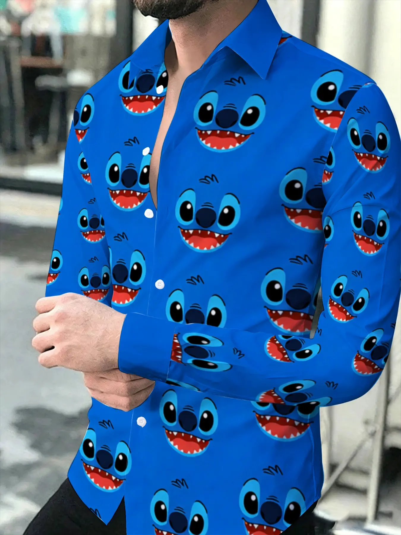 Cartoon Stitch Full Print Men's Casual Long Sleeve Shirt Lapel Button-down Cardigan Suitable For Daily Commute Date Outfit Comfortable And Breathable Top Wearable All Seasons Personalized Age-reducing Trendy Men's Clothing Printed