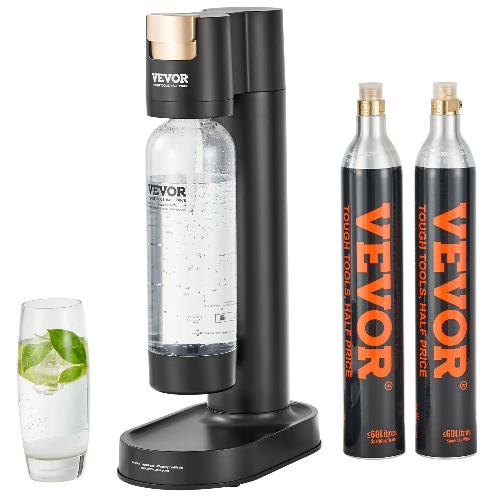 VEVOR Sparkling Water Maker Starter Kit, Compact Home Carbonating Soda Machine for Home Users - Auto Pressure, Auto Release, Quick Fizzing, 1L BPA-Free Plastic Bottle, 2 60L Screw-In CO2 Cylinders (Mainstream Model Compatible)