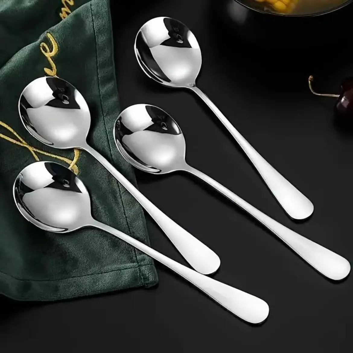 Korean Minimalist Thick Stainless Steel Food Spoon, Cute Long Handle Round Spoon, Ideal for Eating/soup, Fashionable Home Use