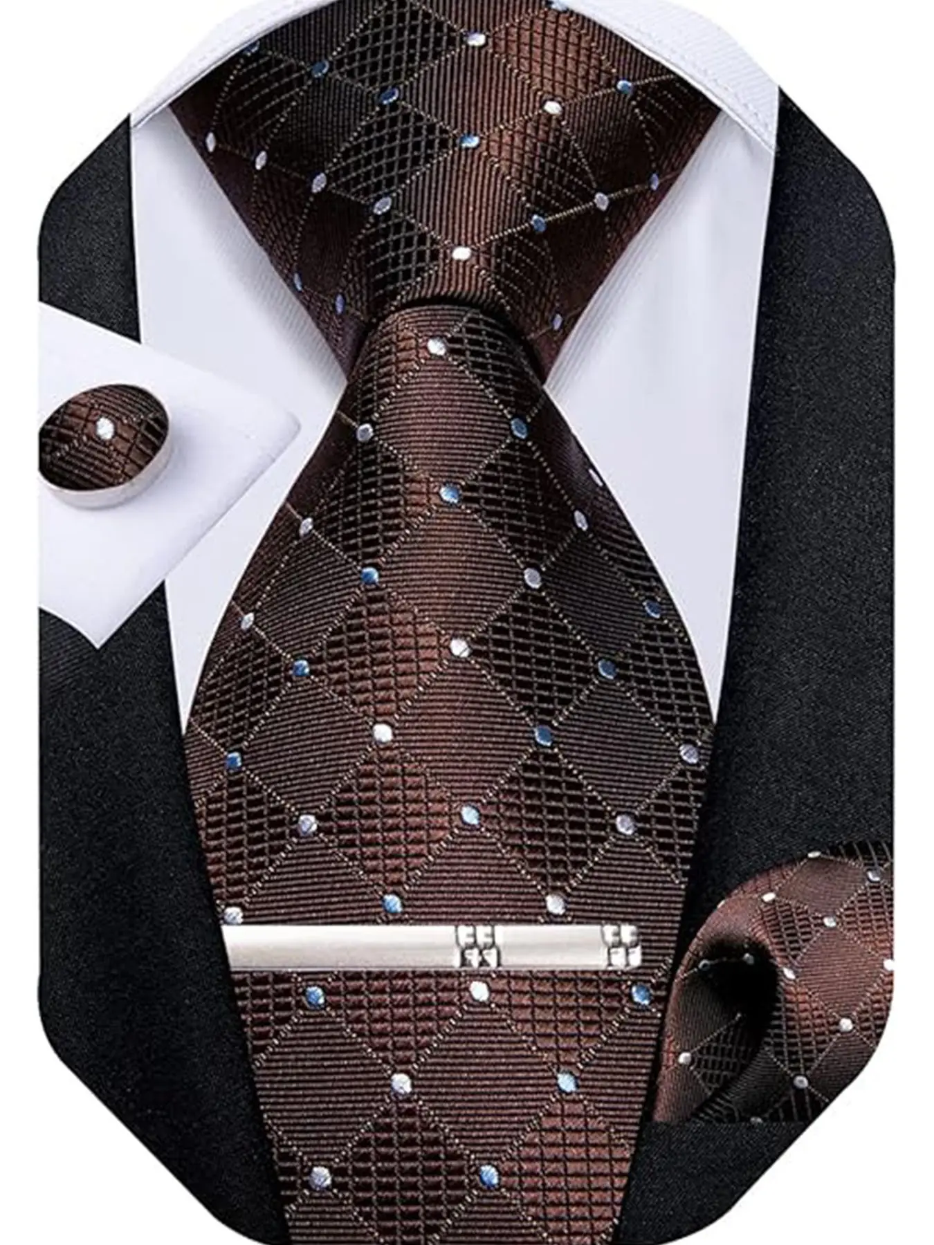 Men's Plaid Tie Set, Polyester Check Necktie, Handkerchief, Cufflinks, Tie Clip, Elegant All-Season Accessory for Weddings and Business