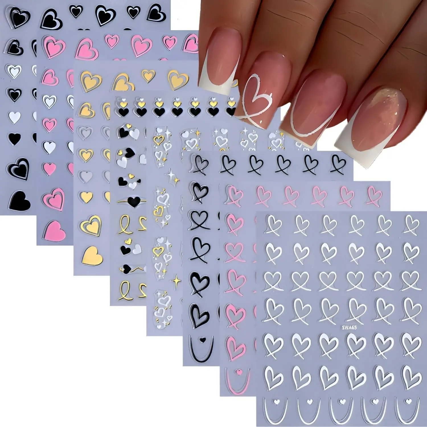 8 Sheets 3D Heart Nail Art Stickers, Self Adhesive Golden Pink Nail Decals, Black White Valentine Nail Stickers for Nail Art,  Nails Supplies for Women 