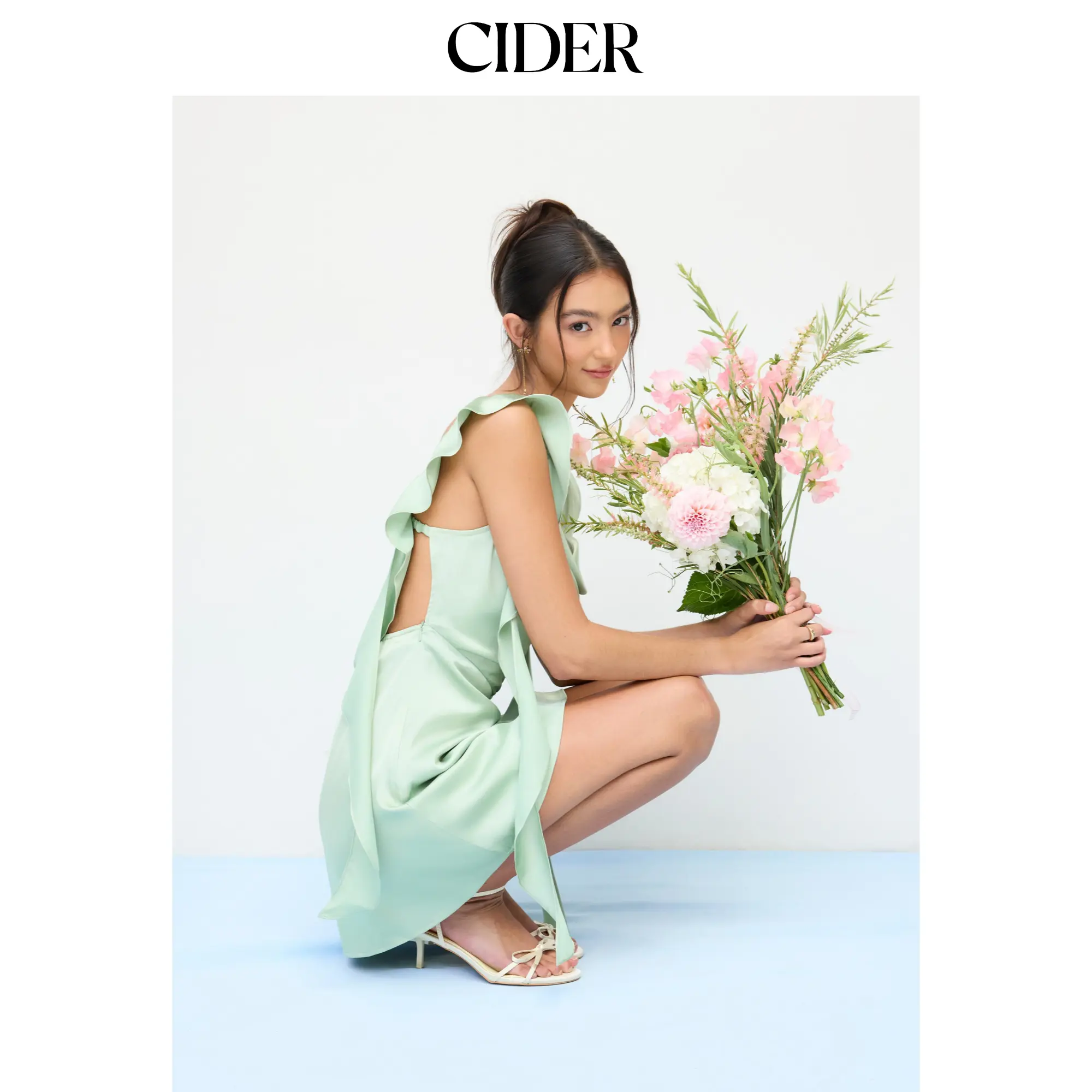 Cider Satin Sweetheart Neck Ruffle Hem Backless Mini Dress