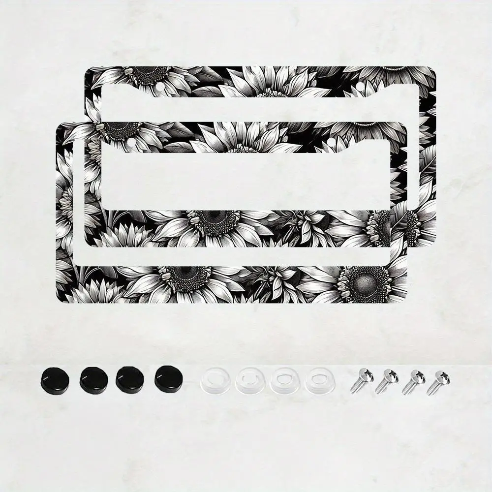 Unisex 1-Piece 2D Flat Sunflower Pattern License Plate Frame, 6x12 in Double Hole Black-White Decorative Auto License Mount, Includes Screws, Car Exterior Accessory