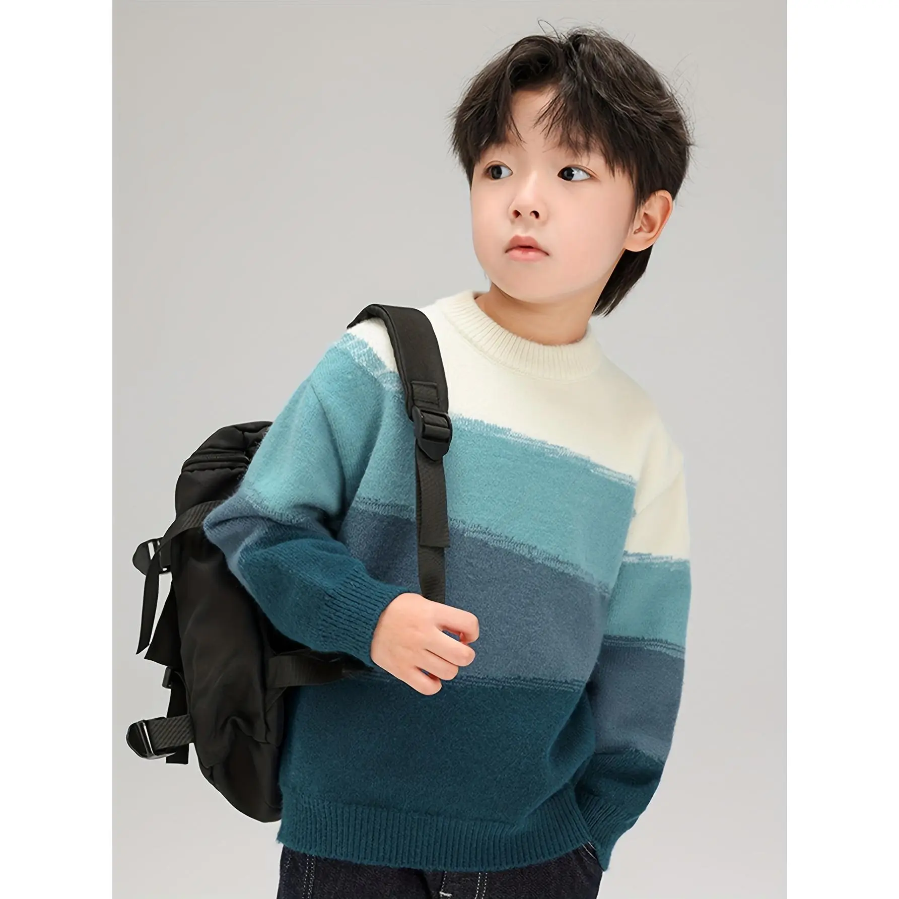 Boys' Knitted Sweater, new autumn and winter style with soft lining. Warm long sleeve top offered in medium and large sizes for big kids, comfortable daily pullover suitable for casual daily wear and outdoor activities in cool autumn and cold winter.