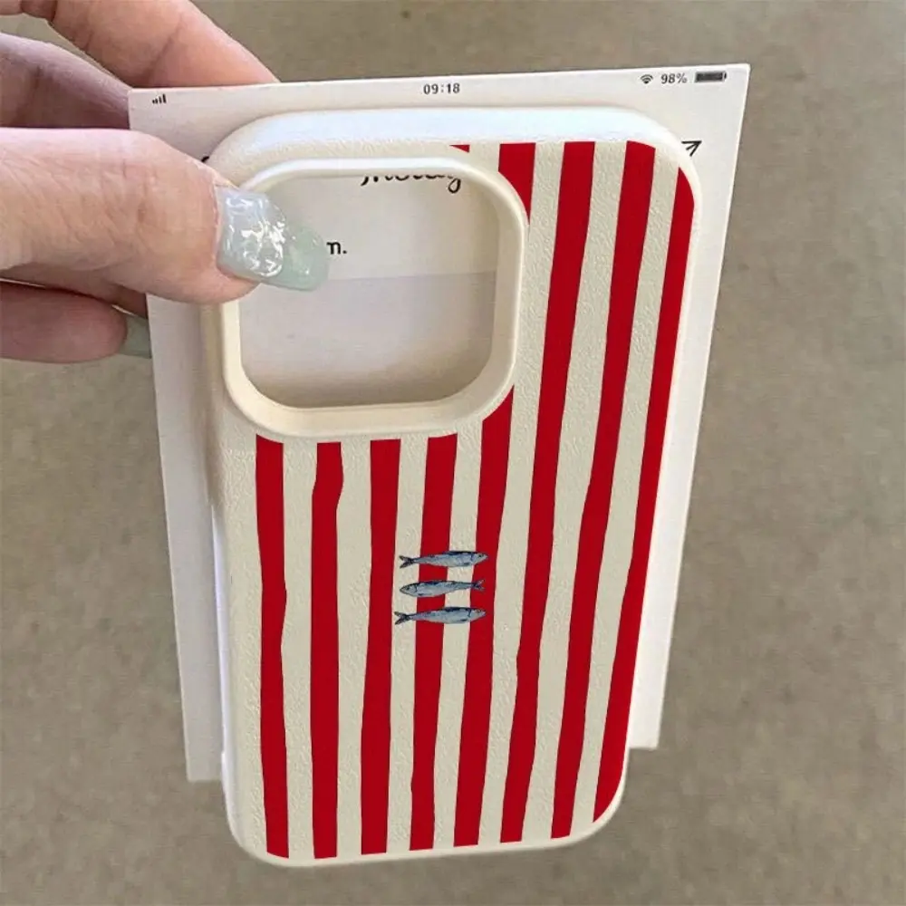 Lychee Texture Smartphone Casing - Red & White Striped Handheld Device Protector with Blue Small Fish Pattern, Compatible with iPhone 11/12/13/14/15/16/17 Series (Standard, Pro, Pro Max)