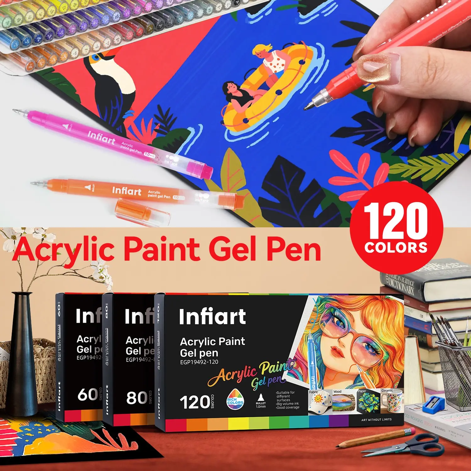 Infiart Gel Pen Set, 60/80/120 Colors, Stackable Ink, 1.0mm Tip, Full Color Large Capacity, Artistic Drawing, Anime, Comic Supplies