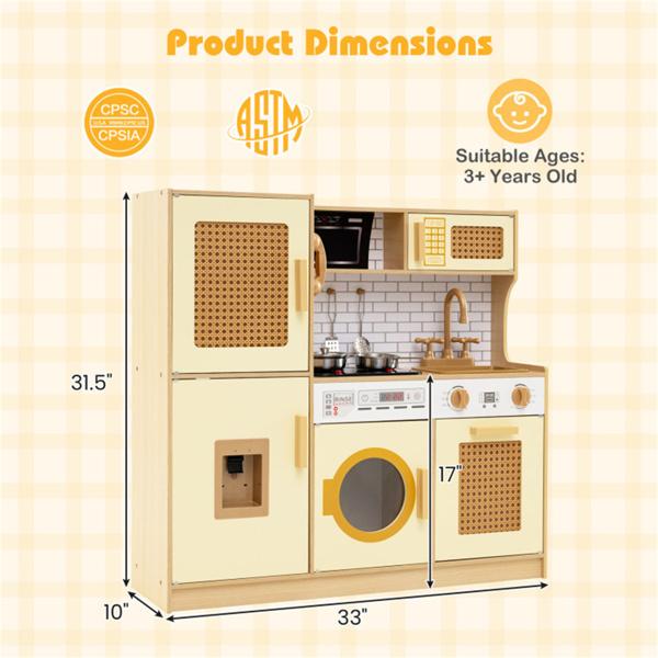 Kids Wooden Kitchen Playset 3+ with Fridge Sink Washing Machine with Realistic Light Sound Rattan Doors - Yellow