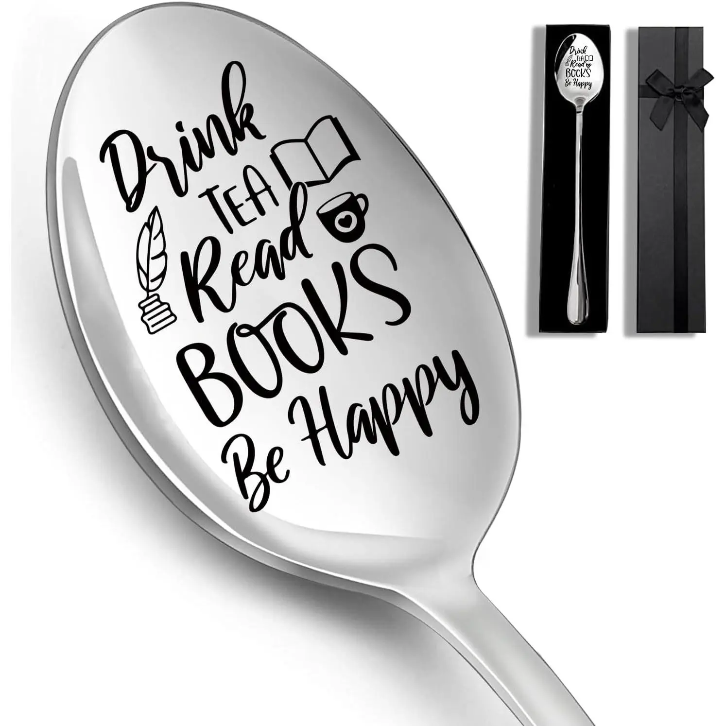 Drink  Read Books Stainless Steel Spoon, Long Handle Coffee Spoon and Ice Cream Spoon for  Book Lovers Men Boys and Girls Birthdays Christmas Thanksgiving Gifts