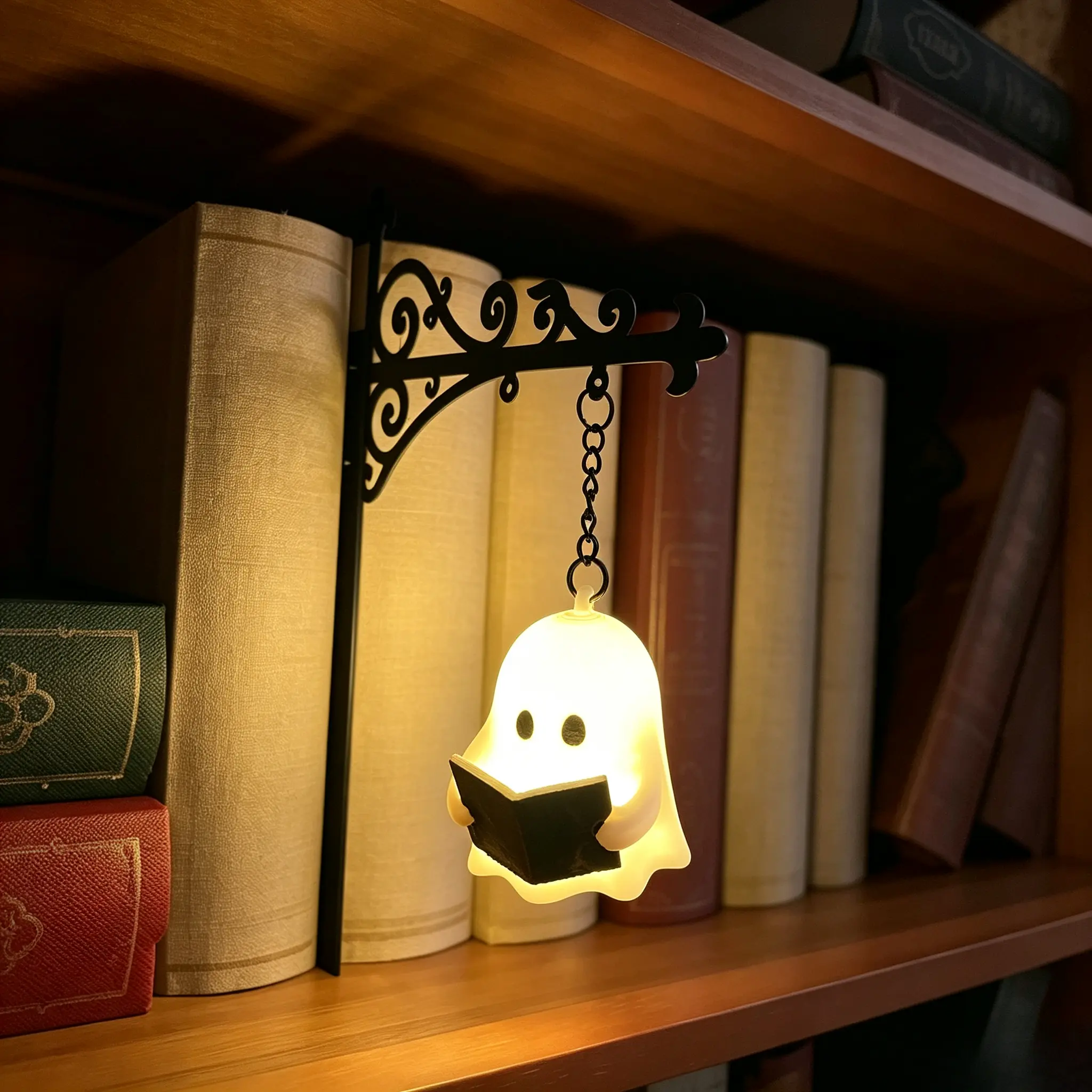 Lantern-Shape Metal Frame Library Mini Hanging Bookshelf Lamp, Warm LED Battery-Powered Night Light, No-Tool Assembly, Halloween Decorations, DIY Literary Shelf Decor