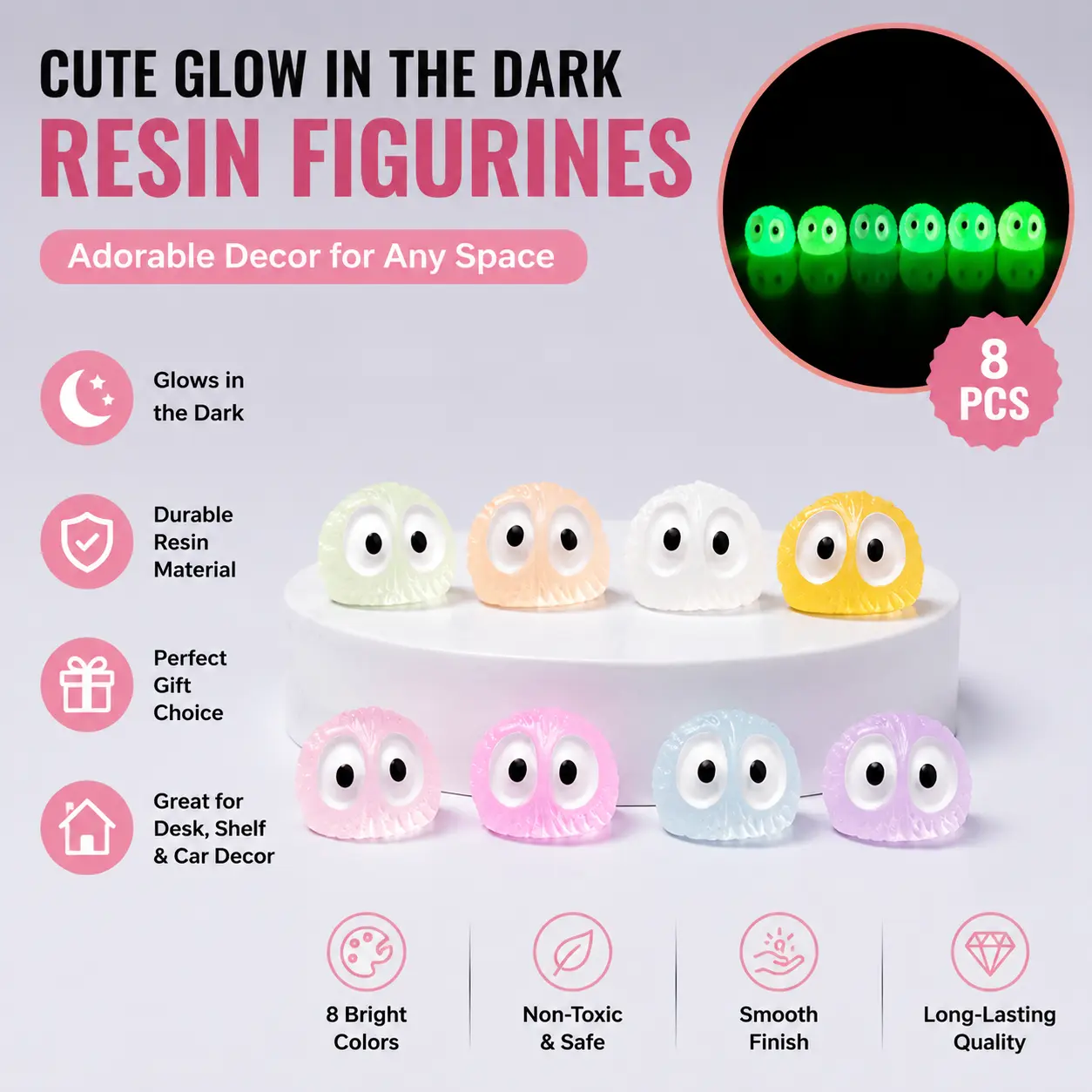 8 Pcs Luminous Mini Resin Elf Figurines, Glow‑In‑The‑Dark Cute Big‑Eye Tiny Ornaments, Pastel Micro Landscape Decor, Diy Plant Pot Desk Moss Terrarium Decor Gifts For Kids-YY0
