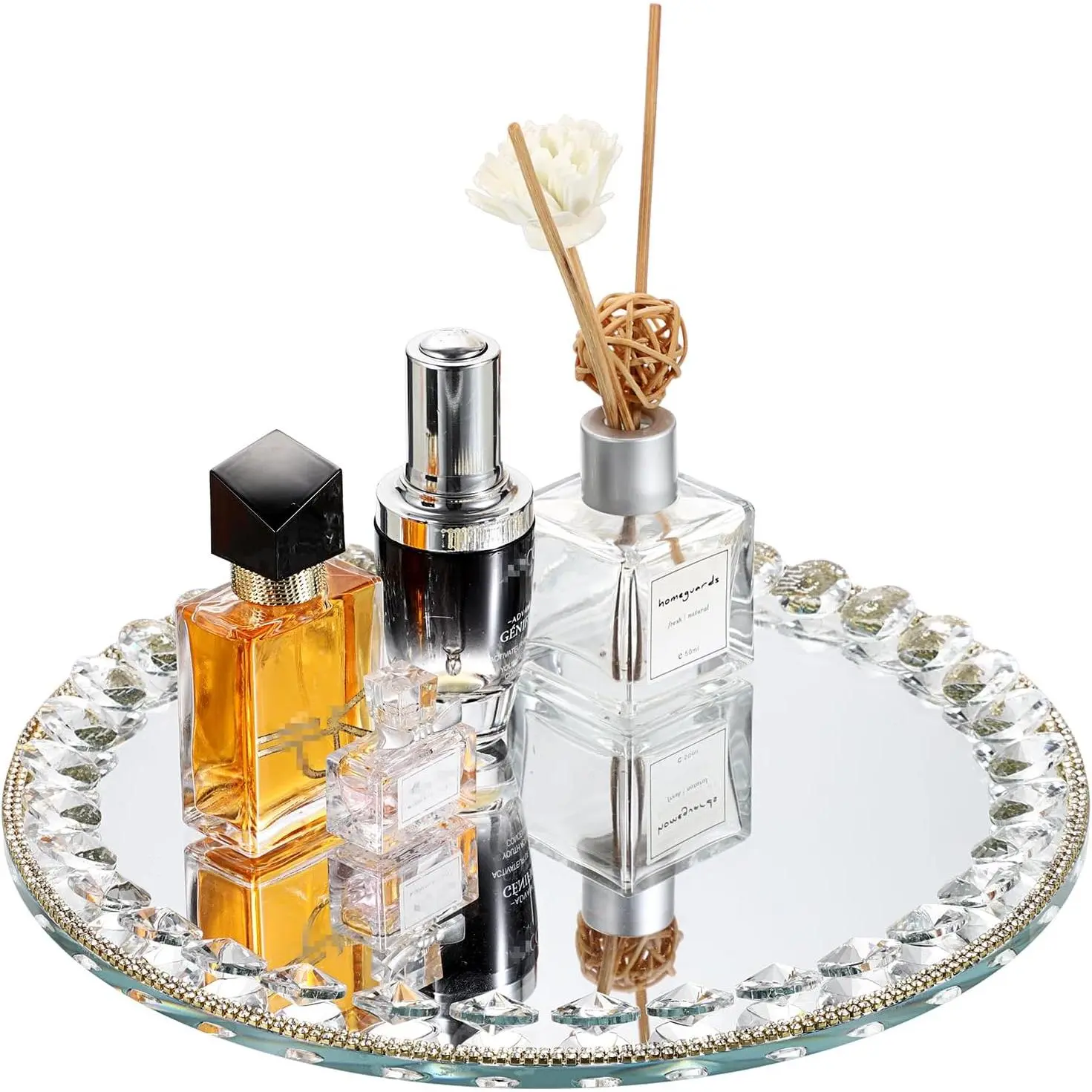 Mirror Glass  Tray Sparkling  Perfume Tray Round Decorative Tray Gorgeous Makeup Organizer Tray  Trinket Tray for Bathroom Dresser Table, 10.6 inch