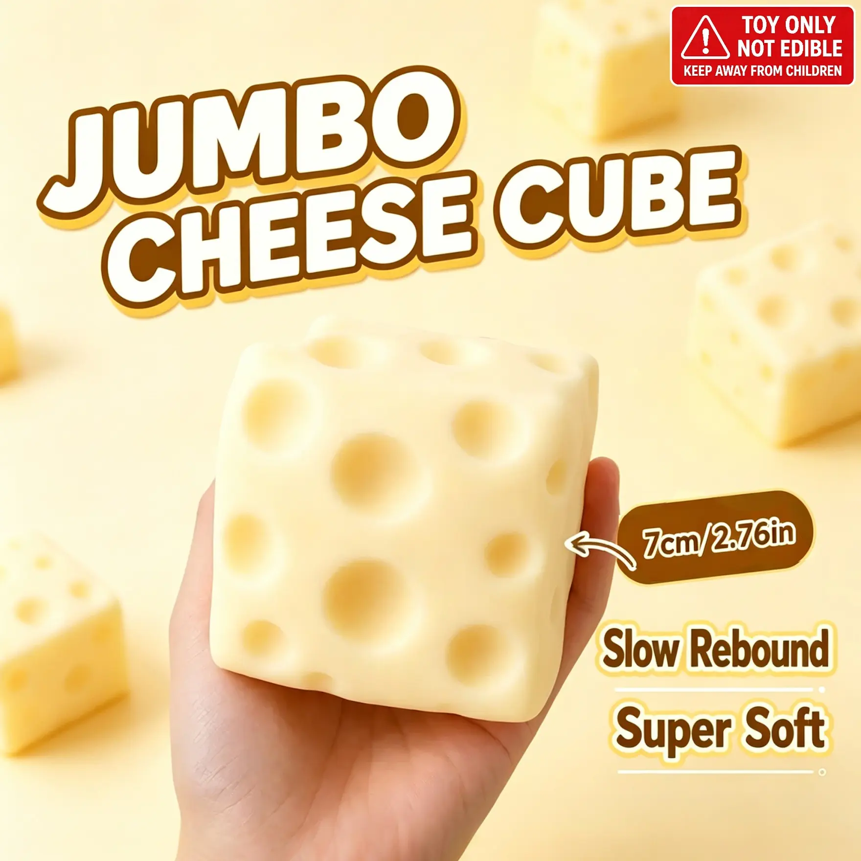 Big Cheese Squishy-1PCS(2.76in), Jumbo Squishy Cheese Luck Squeeze Cheese Stress Ball,Yellow Cheese Squeeze Toy,Soft Novelty, Squishies Cheese, Soft Slow Rising Cube Block Sensory Fidget for Stress Relief, Relaxation