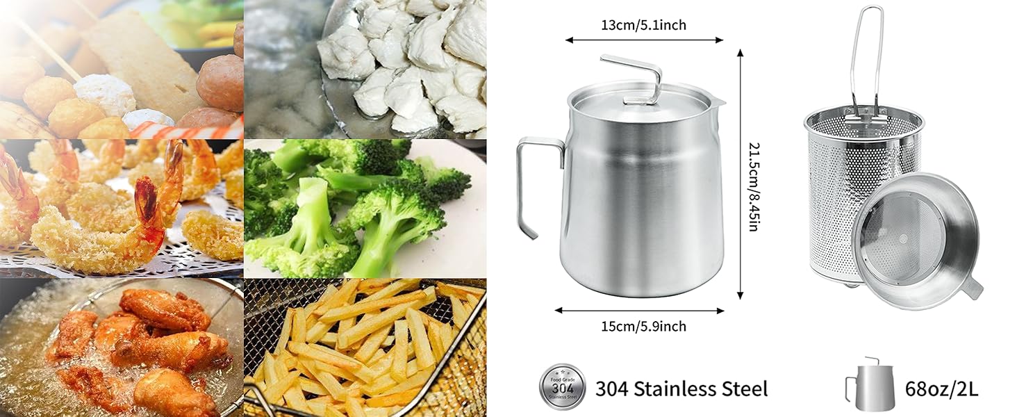 68oz Stainless Steel Oil Filter Pot with Deep Fryer Basket - Kitchen Large Capacity Versatile Oil Strainer Vessel and Bacon Grease Saver for Cooking Grease