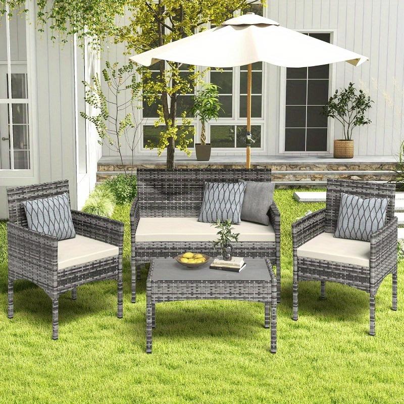 4 Pieces Patio Conversation Set, Outdoor Wicker Rattan Patio Furniture Set with Cushion and Table for Lawn Backyard, Garden, Balcony, Porch and Poolside