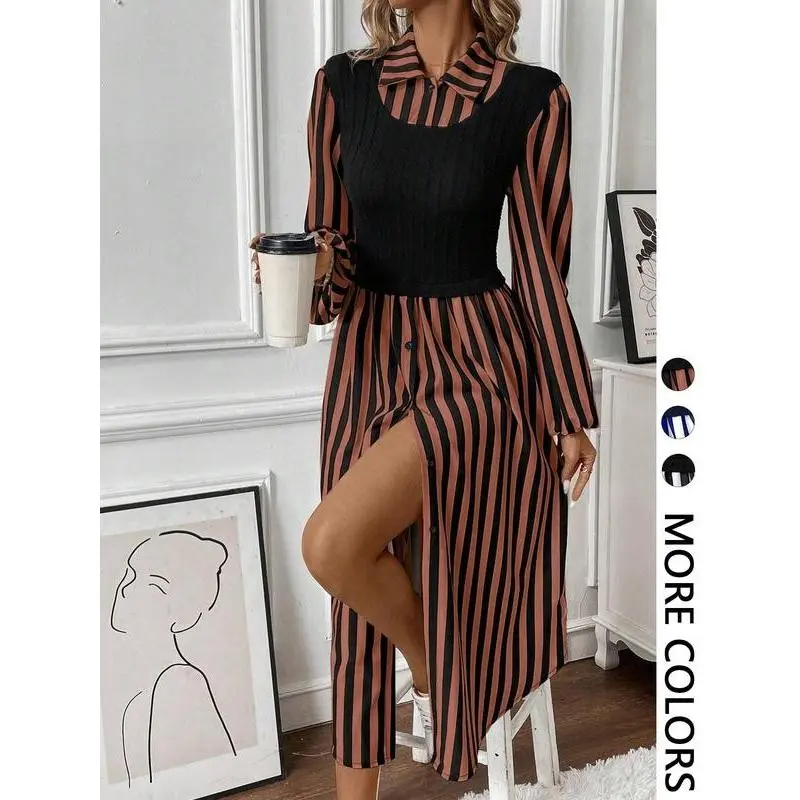 Women's Long Sleeve Striped Button Front Shirt Dress, Layered Design, Casual Spring & Fall Fashion, Elegant Women's Clothing