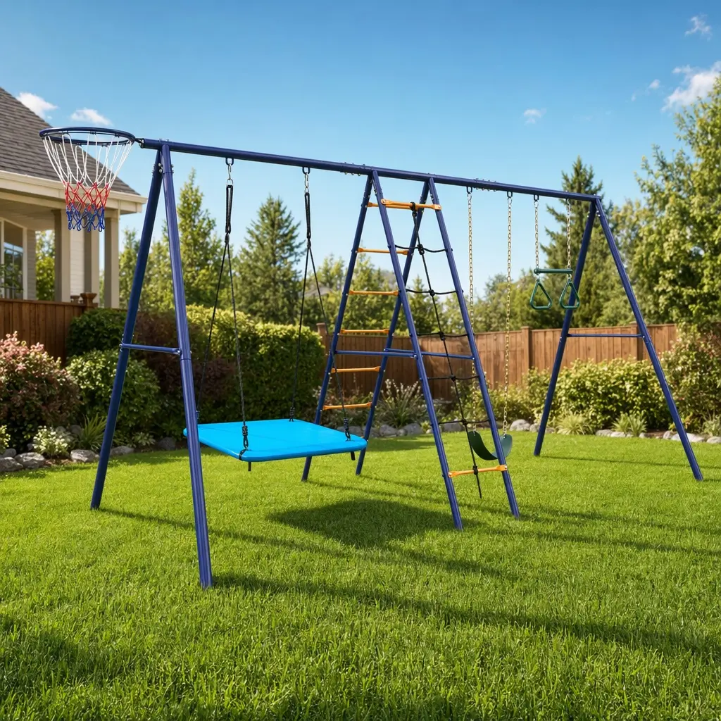 Multi-Functional 6-in-1 Kids Outdoor Play Steel Frame Playground Set - Unisex, Backyards/Parks Use, Climbing Ladder, Net, Trapeze Bar, Hammock, Belt Swing, Basketball Hoop, Adjustable-Length Ropes, 157x71x79in, 90lbs
