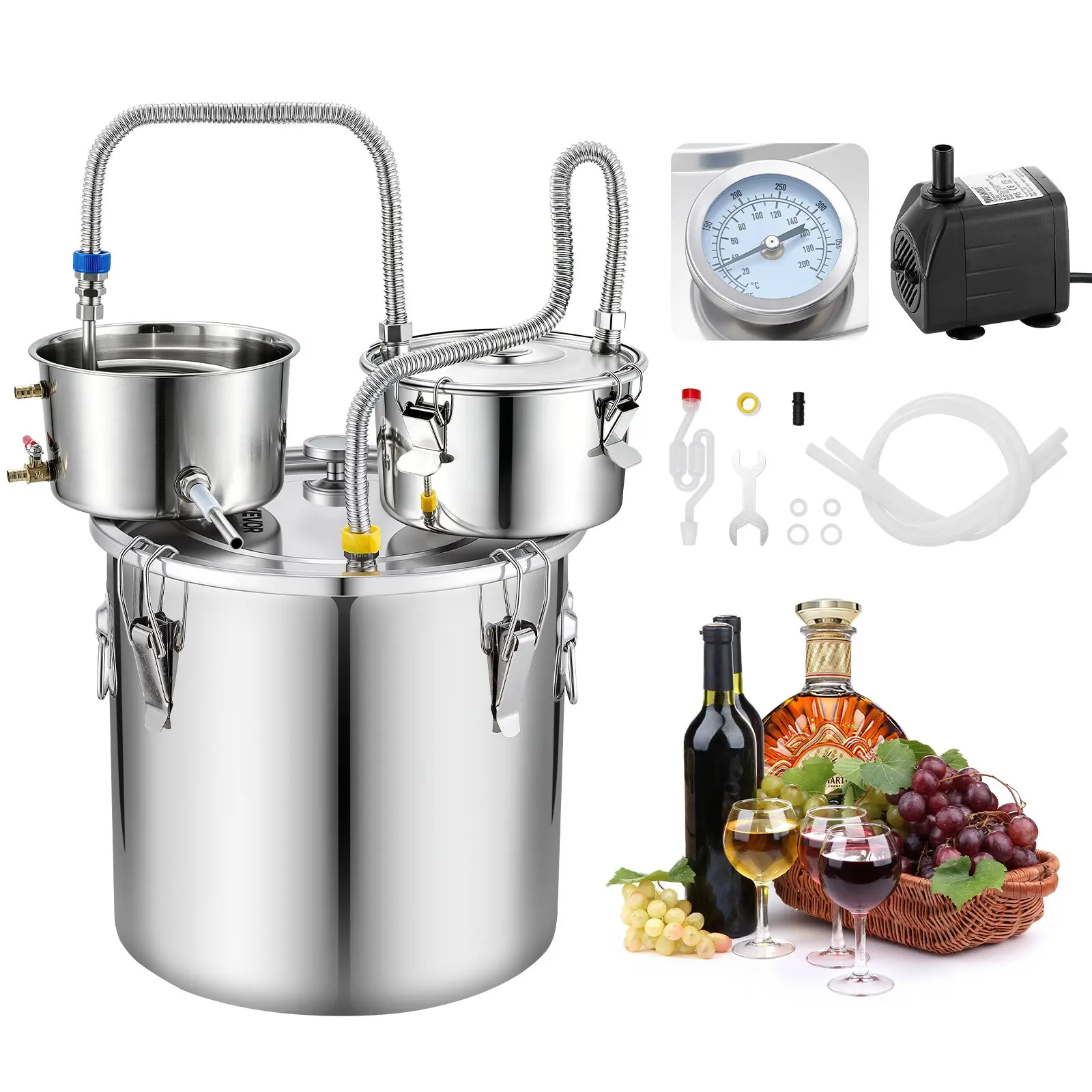 【DealsForYouDays】VEVOR Alcohol Still, 8 GAL/ 30L Alcohol Distiller with Thumper Keg, Dual-scale Thermometer, and Water Pump, Home Brewing Kit for DIY Whiskey Wine Brandy