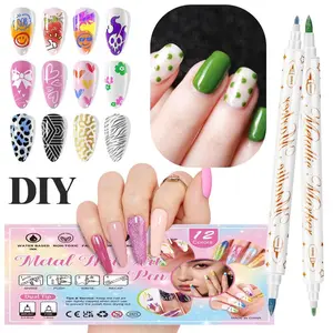 Double-Ended Nail Art Marker Pen Set, Fluorescent Tip Design for Abstract & Floral Patterns, DIY Manicure Tool for Home Use