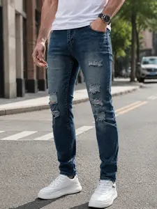 Men's Elastic Jeans, Slim-Fitting, Ripped Design, Streetwear Style, Casual Plain Pattern, All Seasons, Unlined