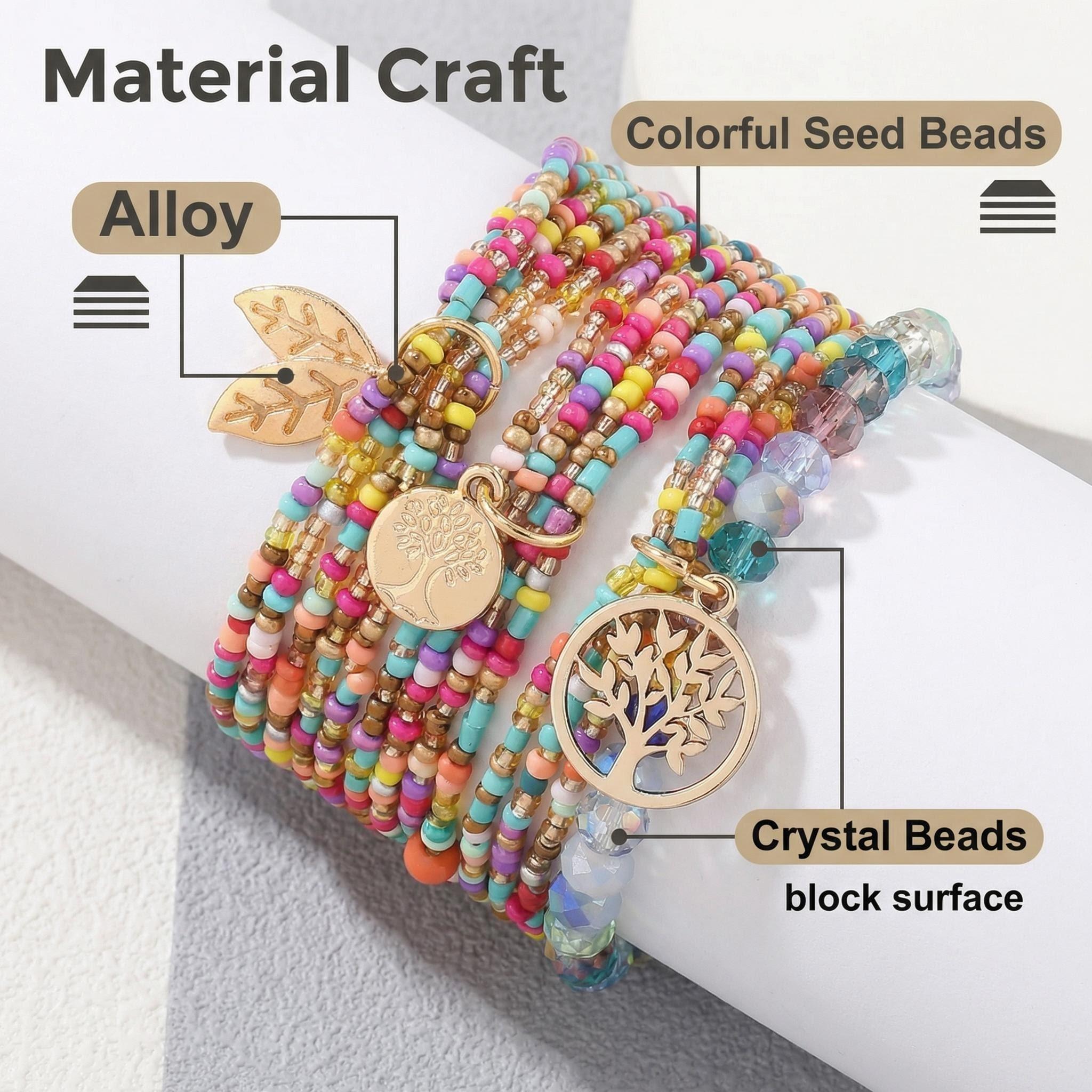 3pcs/set Bohemian Beaded Bracelet for Women, Handmade Elastic Stretch Bracelets with Tree Leaf Pendant, Colorful Rice Beads & Crystal Flat Beads for Summer Beach