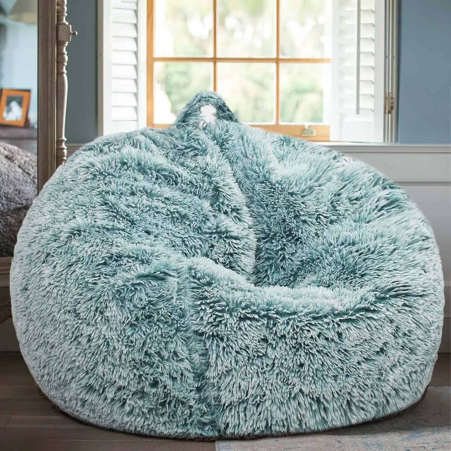 Dark Green Faux Fur Fluffy Single-Seat Bean Bag Chair Cover-Only (No Filler, 2 Sizes, Plush Look) - Indoor Furniture Sofa for Organizing Plush Toys or Textiles, for Teens & Kids