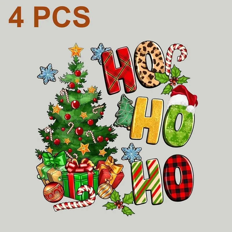 4 Piece HOHOHO Printed Christmas Vinyl Heat Transfer Patches With Candy Cane Holly And Snowflake Designs For Diy T Shirts Jeans Bags Pillows And Other Fabric Crafts