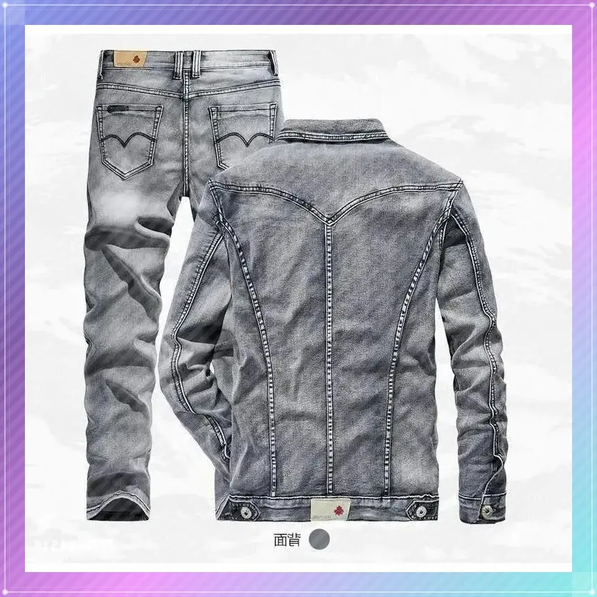 Men  piece sets new simple autumn smoky gray long sleeve jacket + jeans fashion slim couple suit summer two pieces et clothes formal